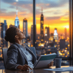 une femme assise à une table devant une fenêtre