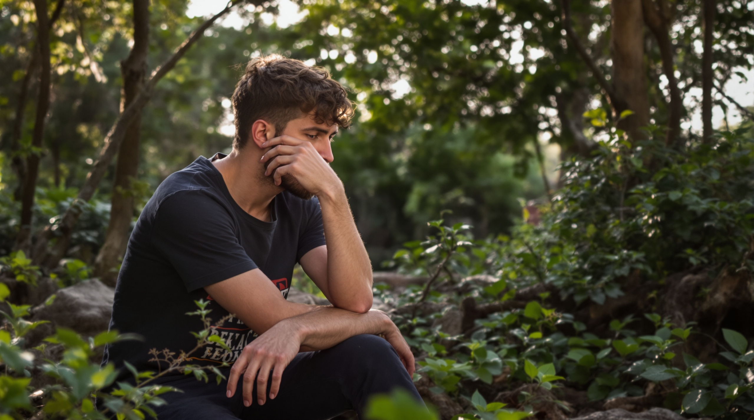 un homme assis sur un rocher dans les bois