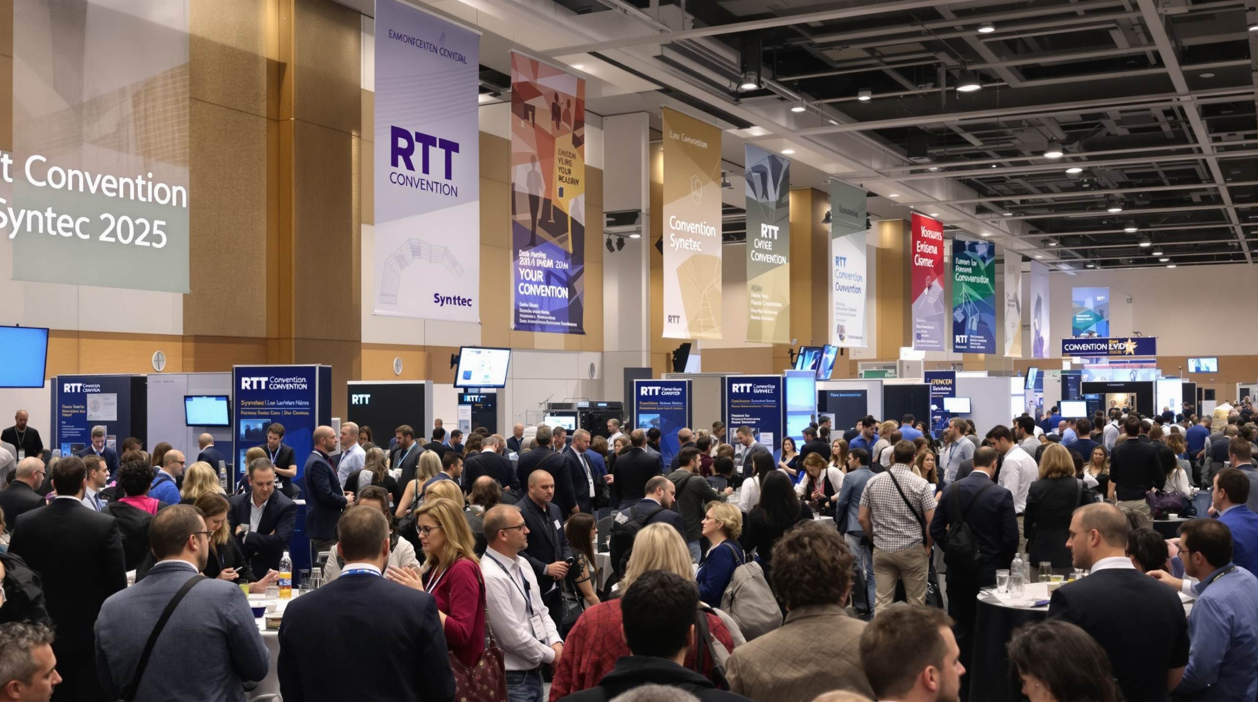 une foule de personnes autour d'une salle de congrès