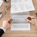 une personne écrit sur une feuille de papier