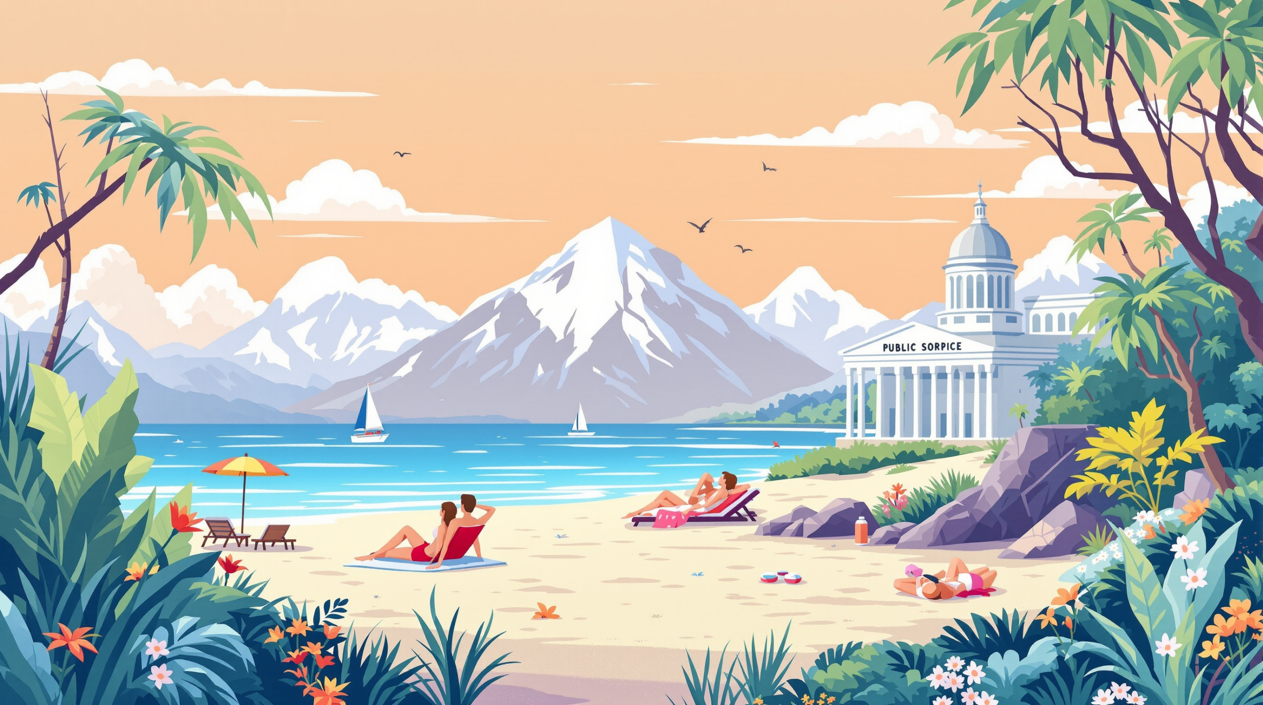 une peinture d'une scène de plage avec des gens dessus