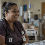 une femme en blouse assise dans un lit d'hôpital