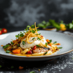 une assiette blanche garnie de pâtes et de viande