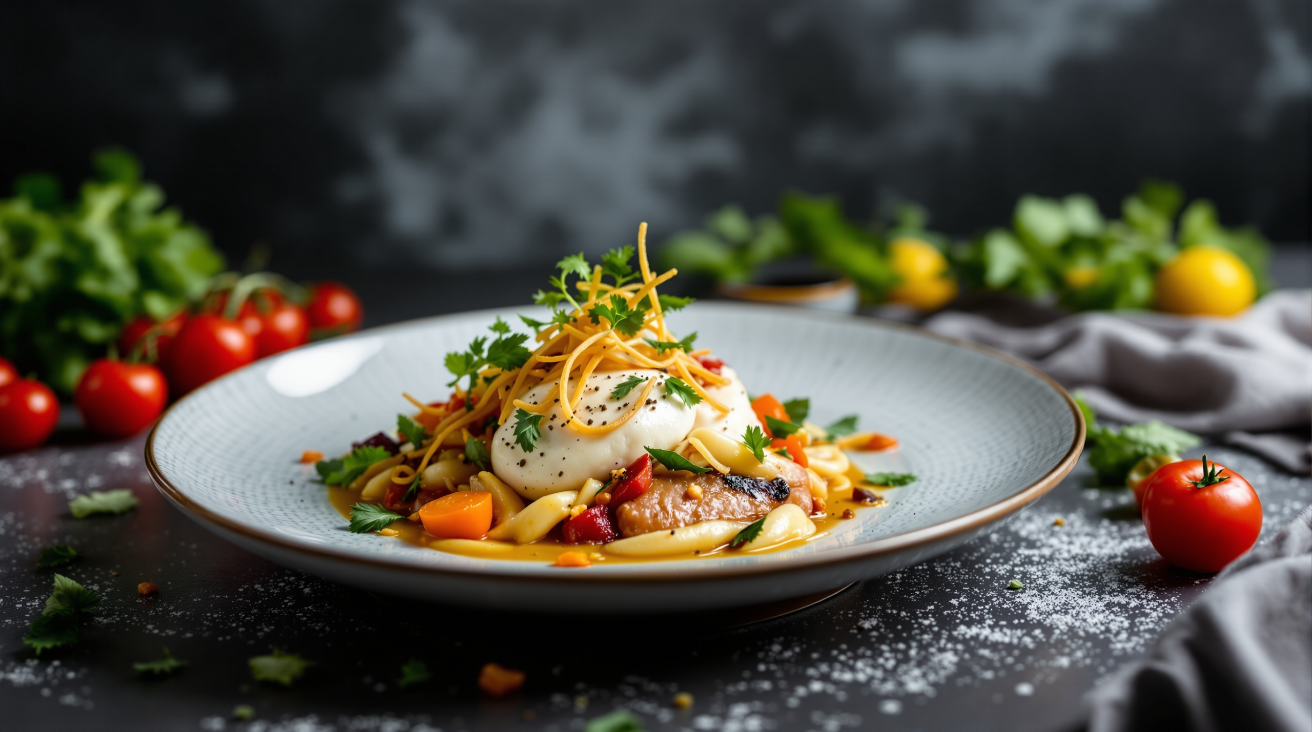 une assiette blanche garnie de pâtes et de viande