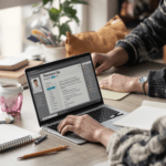 une personne assise à une table avec un ordinateur portable
