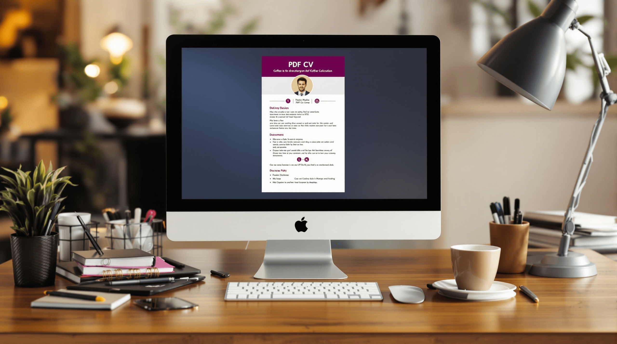 un ordinateur de bureau posé sur un pupitre en bois