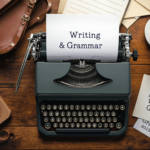 une machine à écrire posée sur une table en bois à côté d'une tasse de café