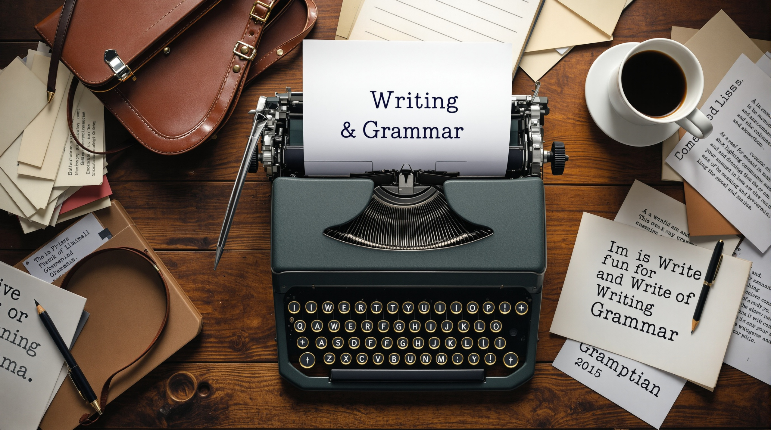 une machine à écrire posée sur une table en bois à côté d'une tasse de café