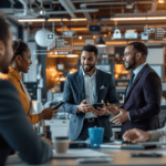 un groupe de personnes se tenant autour d'une table et discutant