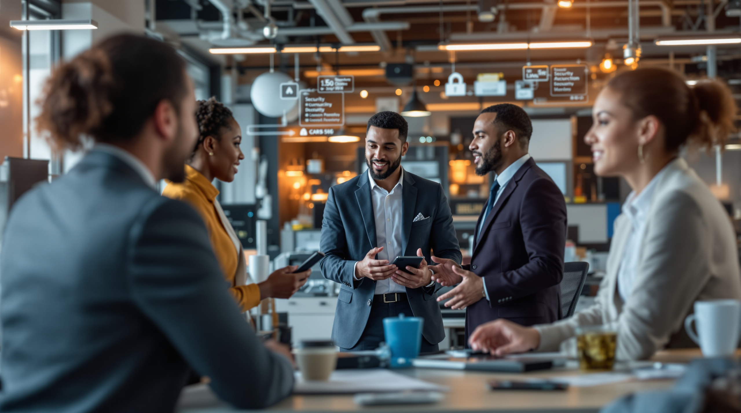 un groupe de personnes se tenant autour d'une table et discutant