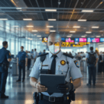 un policier portant un masque et tenant une tablette