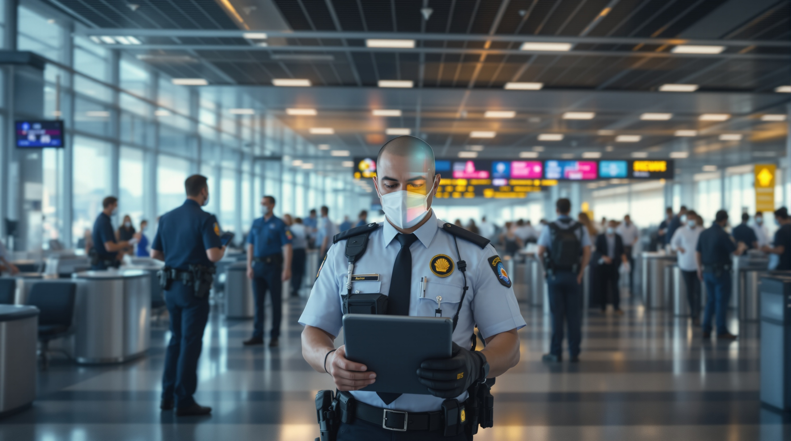 un policier portant un masque et tenant une tablette