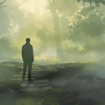 un homme debout au milieu d'une forêt