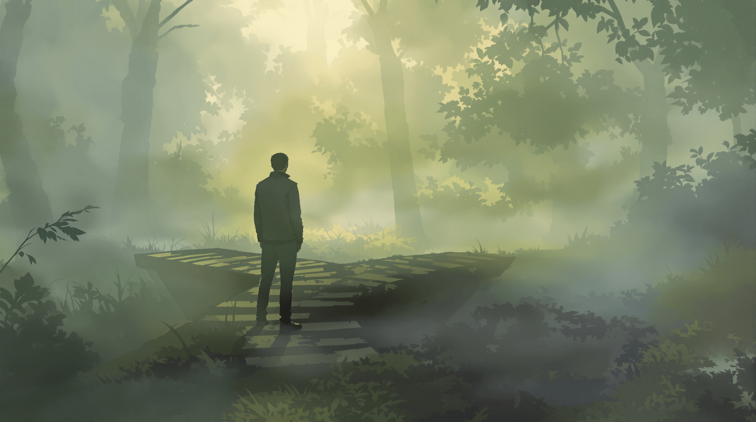 un homme debout au milieu d'une forêt