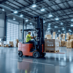 un homme conduisant un chariot élévateur dans un entrepôt