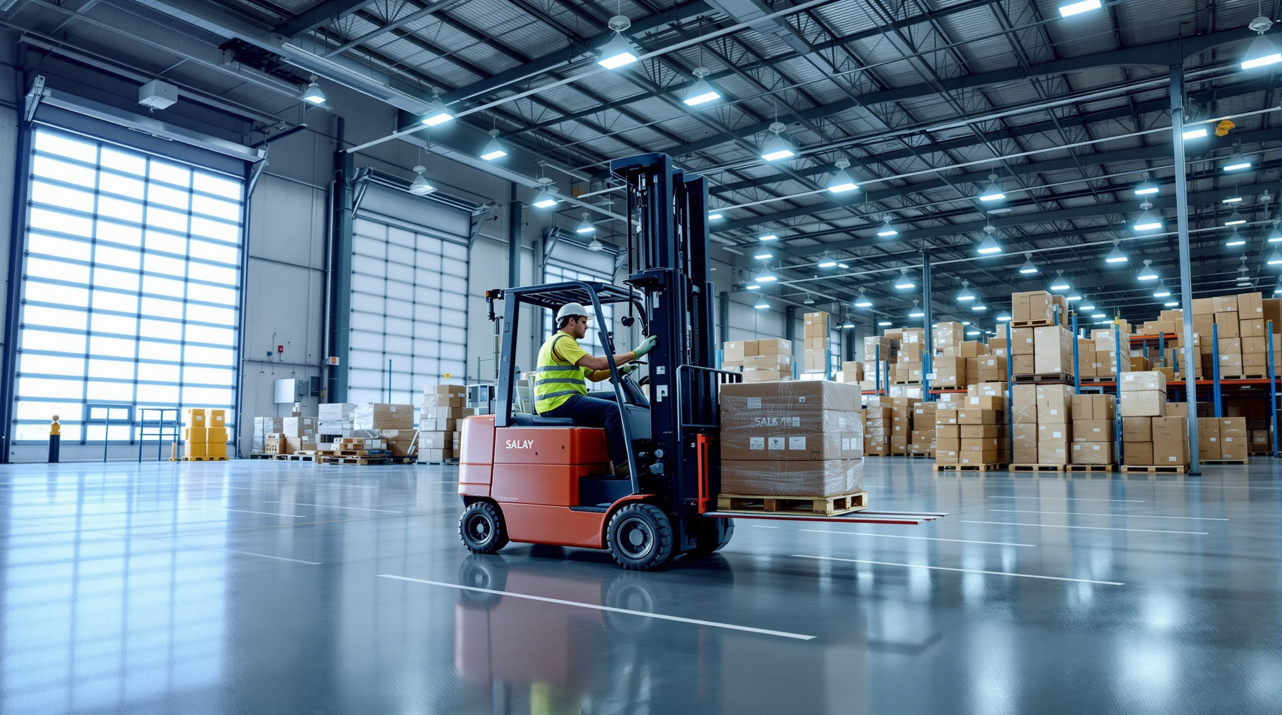 un homme conduisant un chariot élévateur dans un entrepôt
