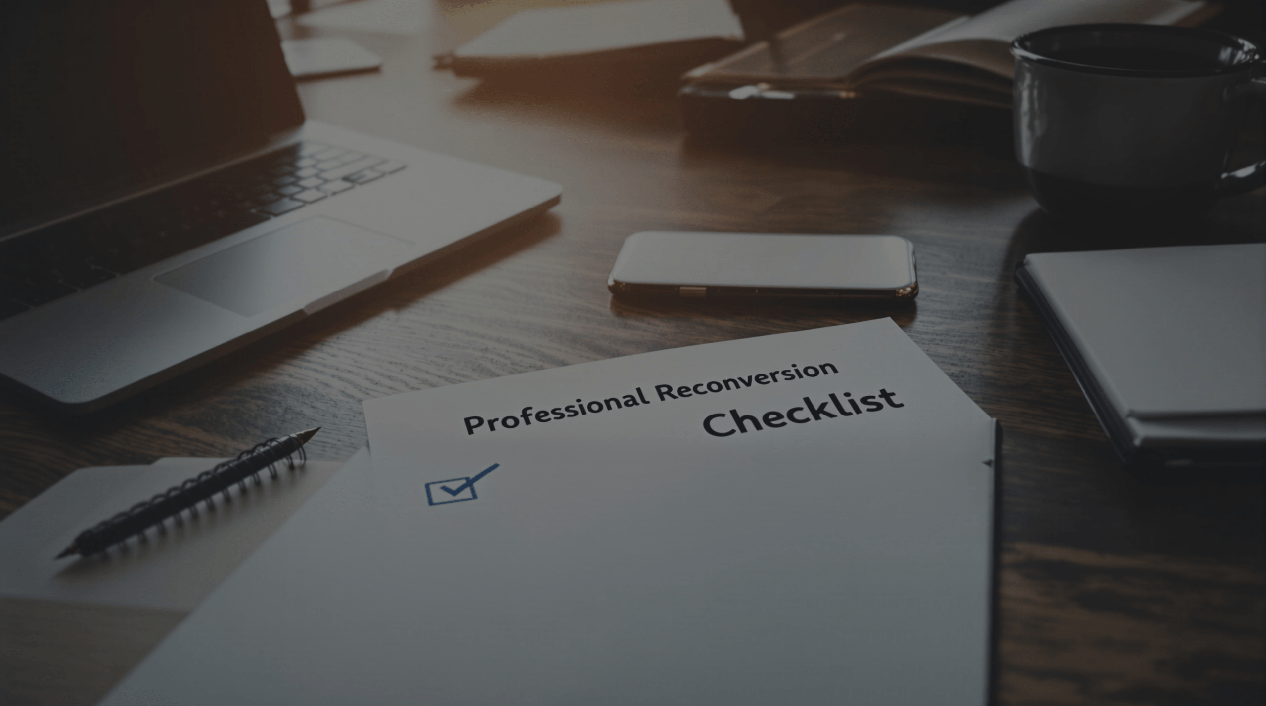 un bureau avec un ordinateur portable, un bloc-notes et un stylo