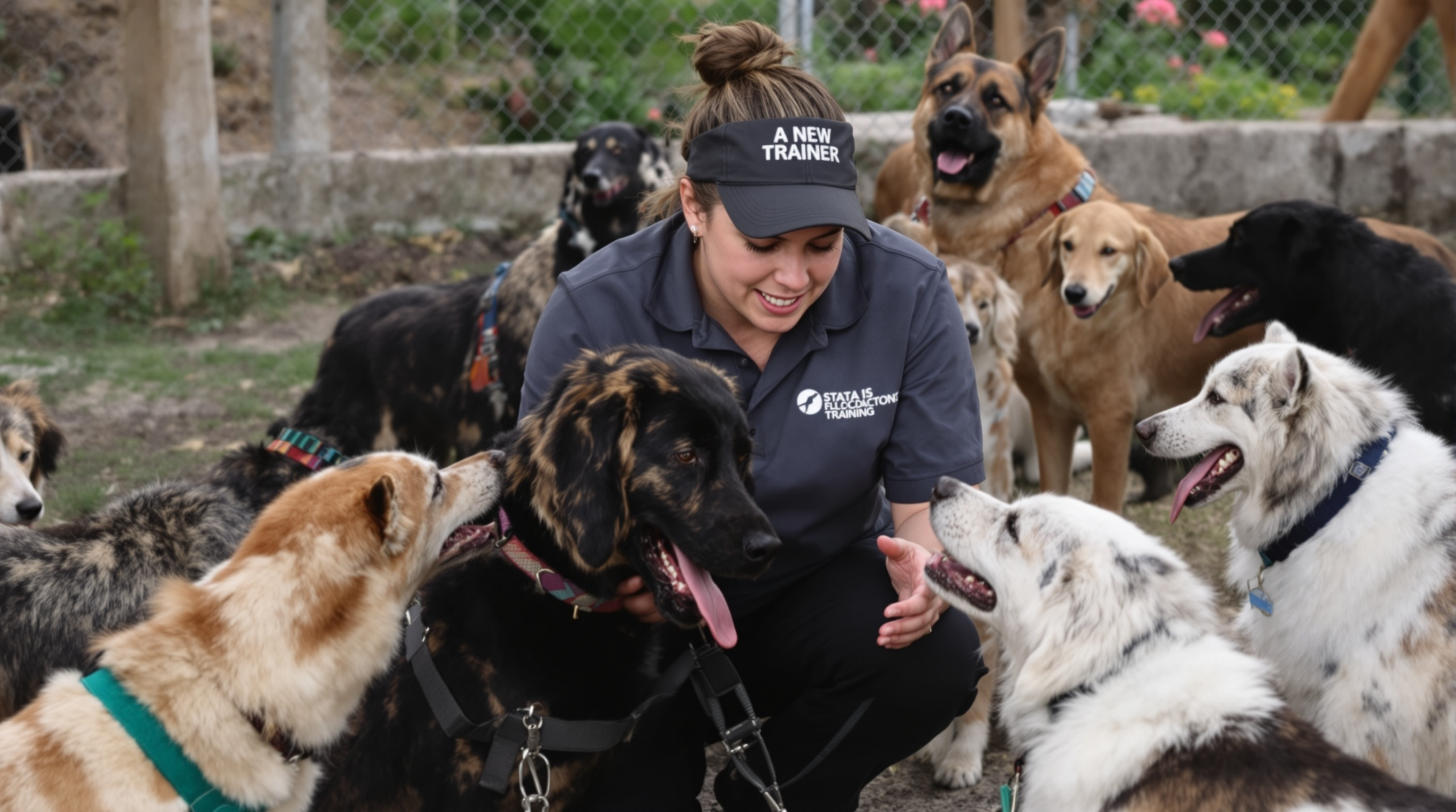 une femme à genoux avec un groupe de chiens