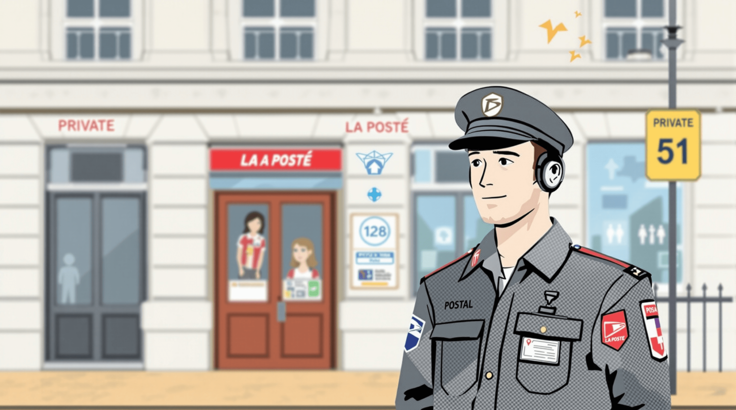 une caricature d'un officier de police devant un bâtiment