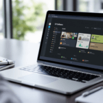 un ordinateur portable posé sur une table en bois