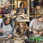 une série de photos montrant des femmes travaillant dans un atelier de poterie