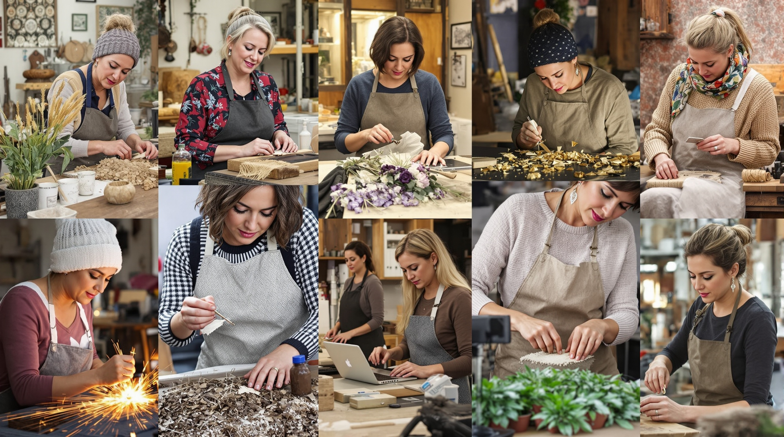 une série de photos montrant des femmes travaillant dans un atelier de poterie