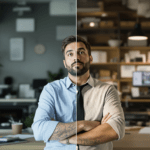 un homme debout dans un bureau, les bras croisés