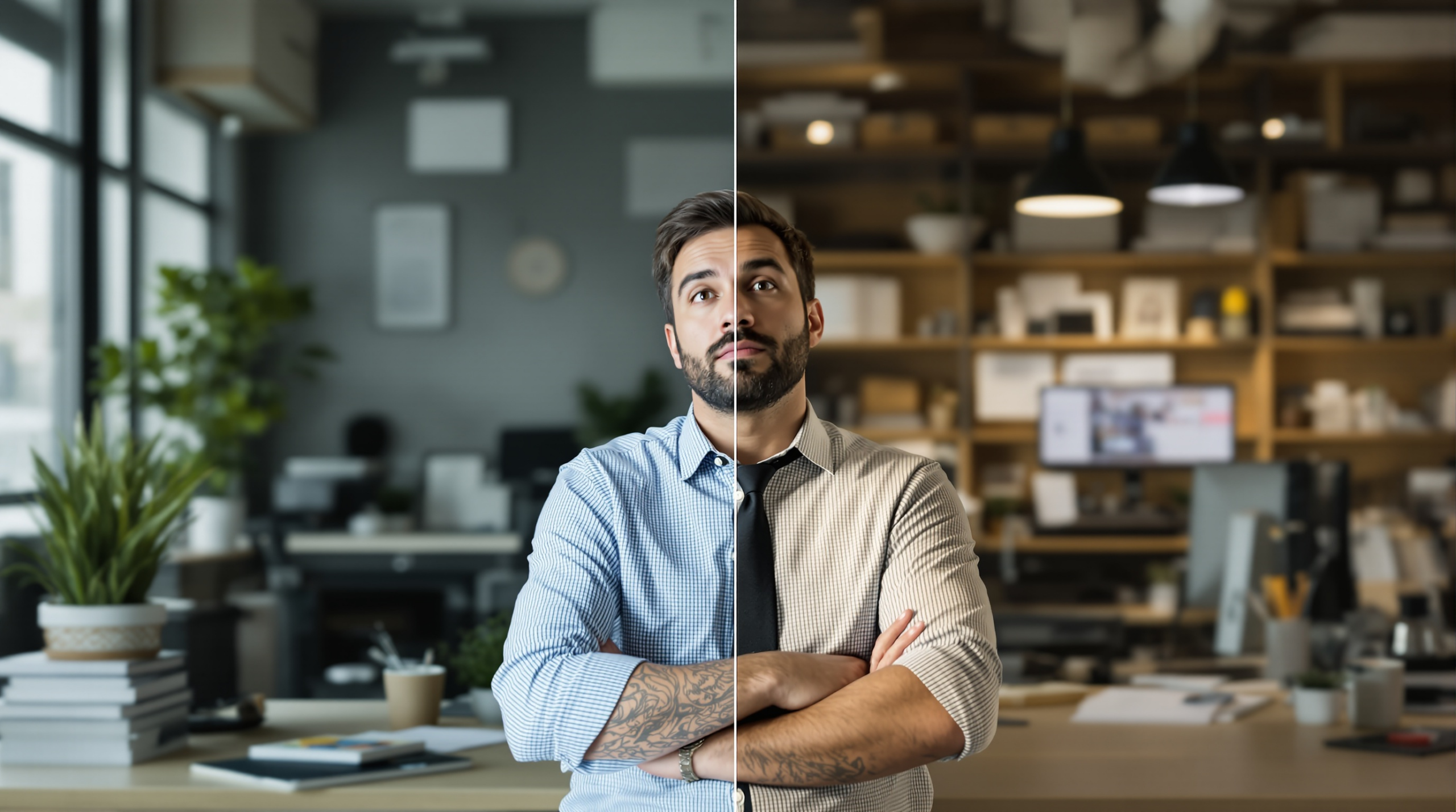 un homme debout dans un bureau, les bras croisés