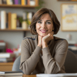 une femme assise à un bureau, les mains sur le menton