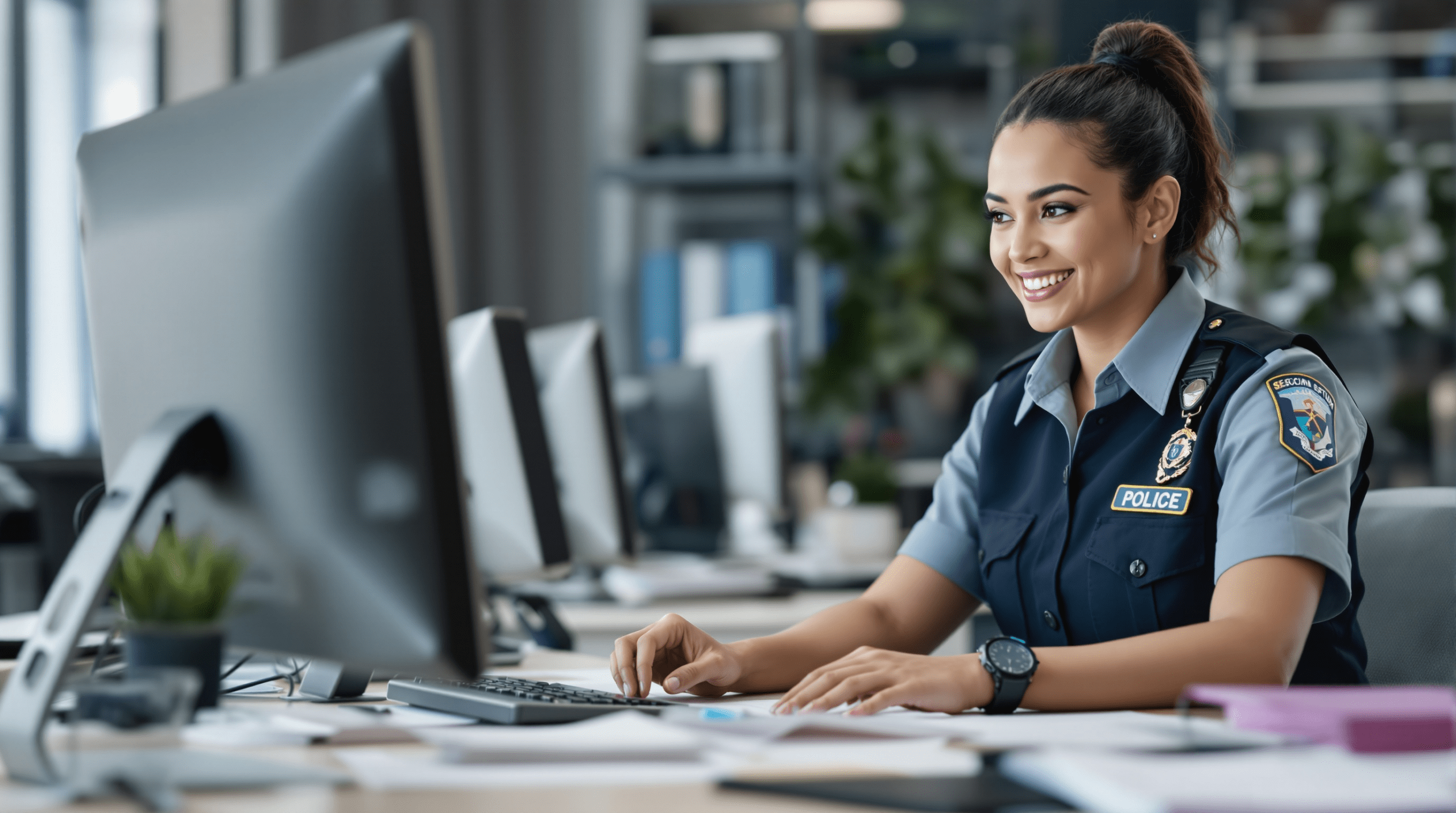 une femme en uniforme assise à un bureau devant un ordinateur