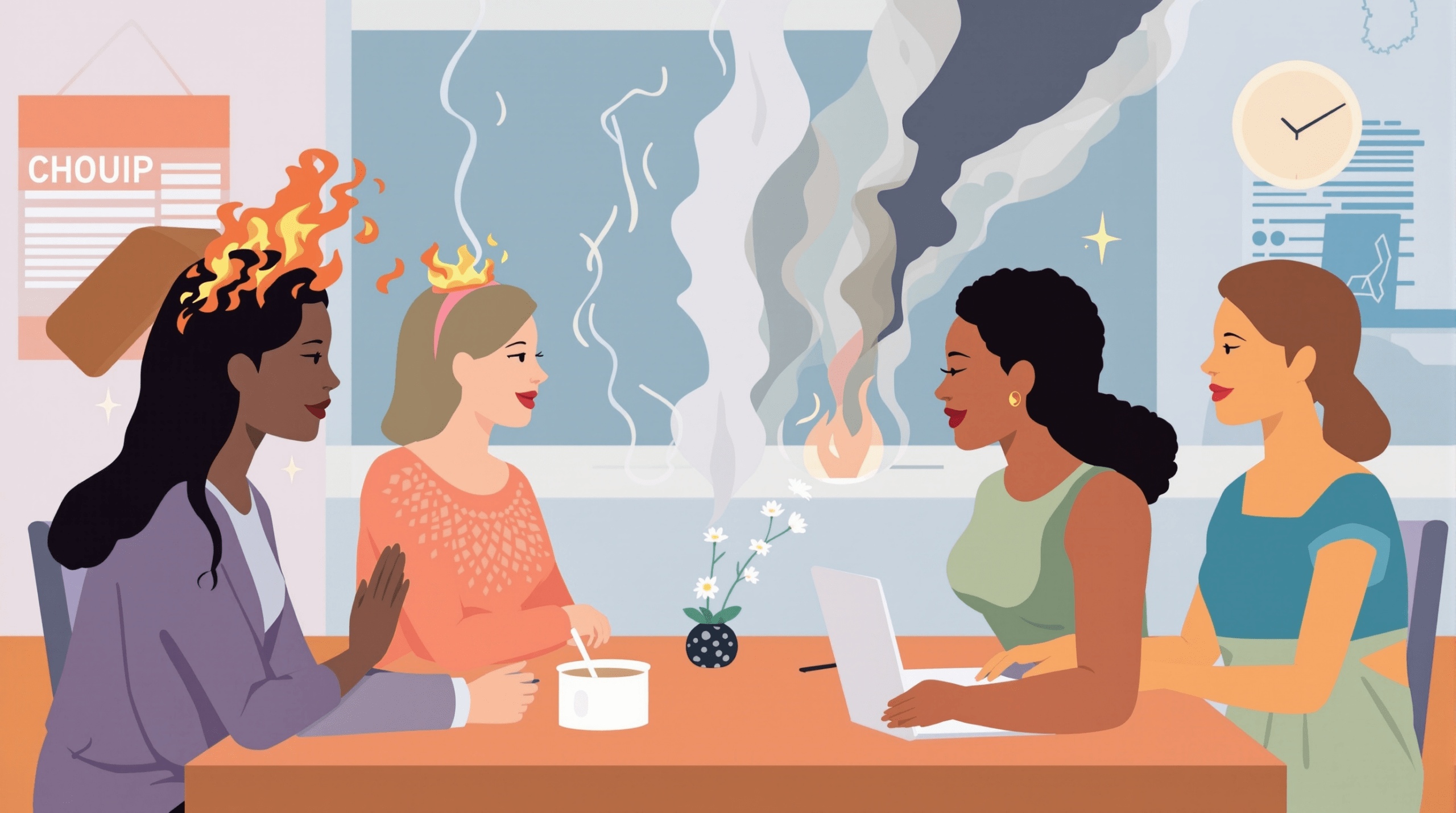 un groupe de femmes assises autour d'une table en train de discuter