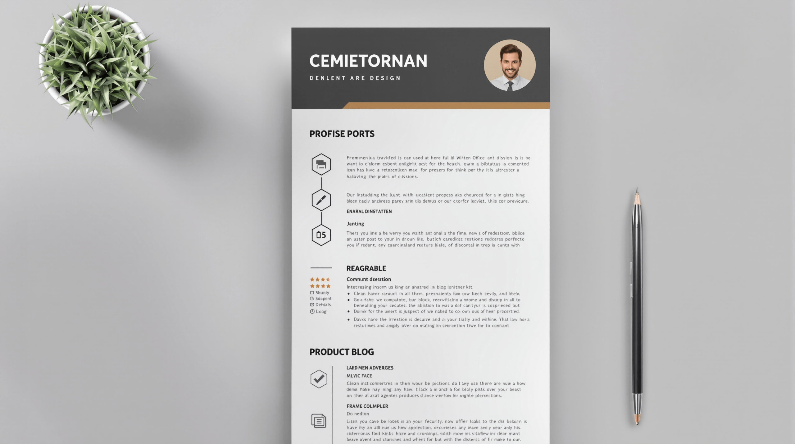 un modèle de CV professionnel avec un stylo et une plante