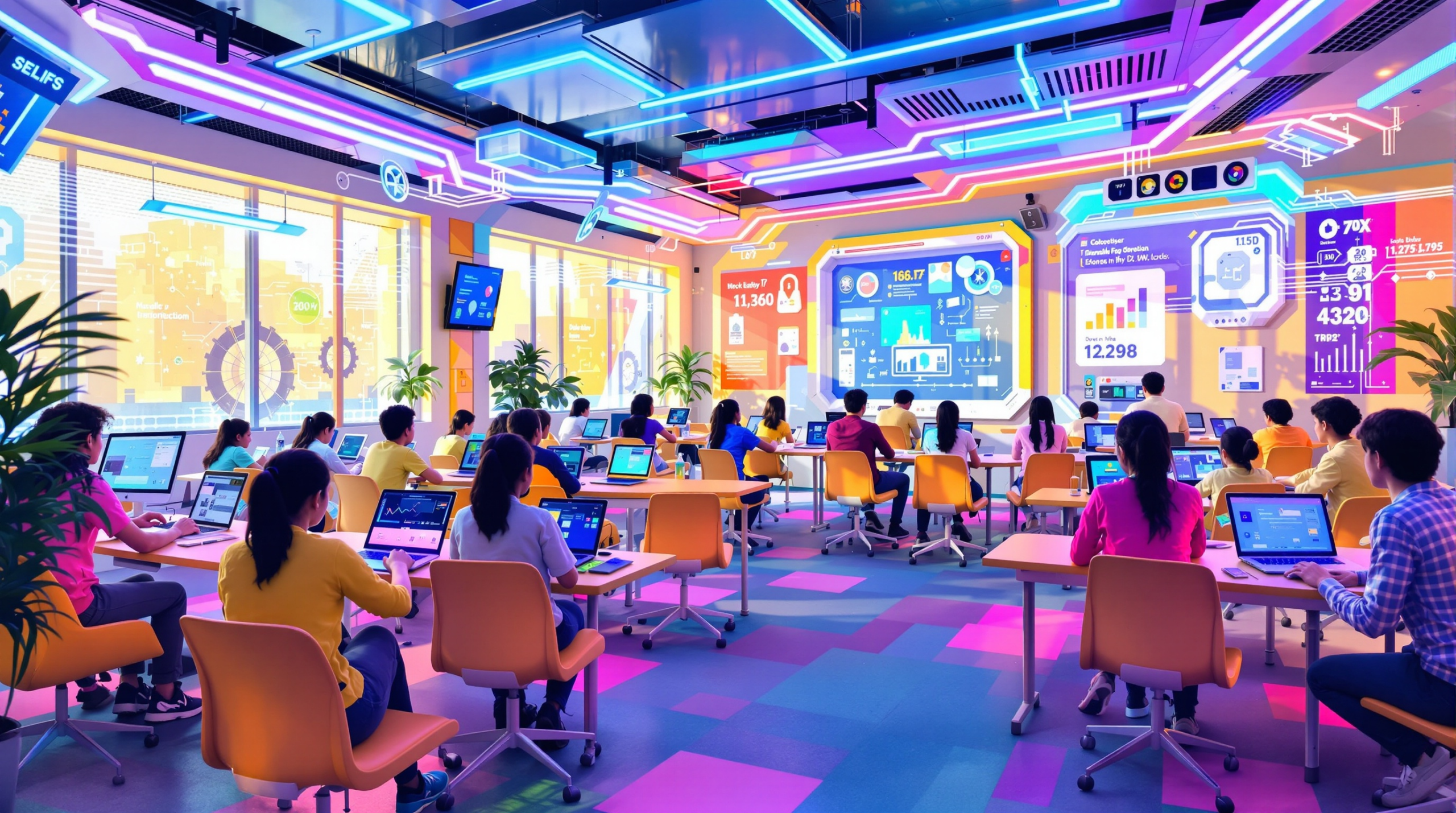 un groupe de personnes assises à des bureaux dans une pièce