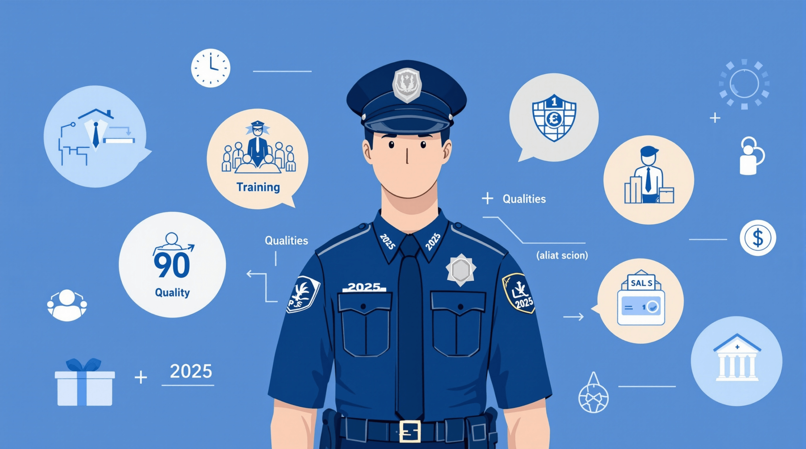 un policier debout devant un fond bleu