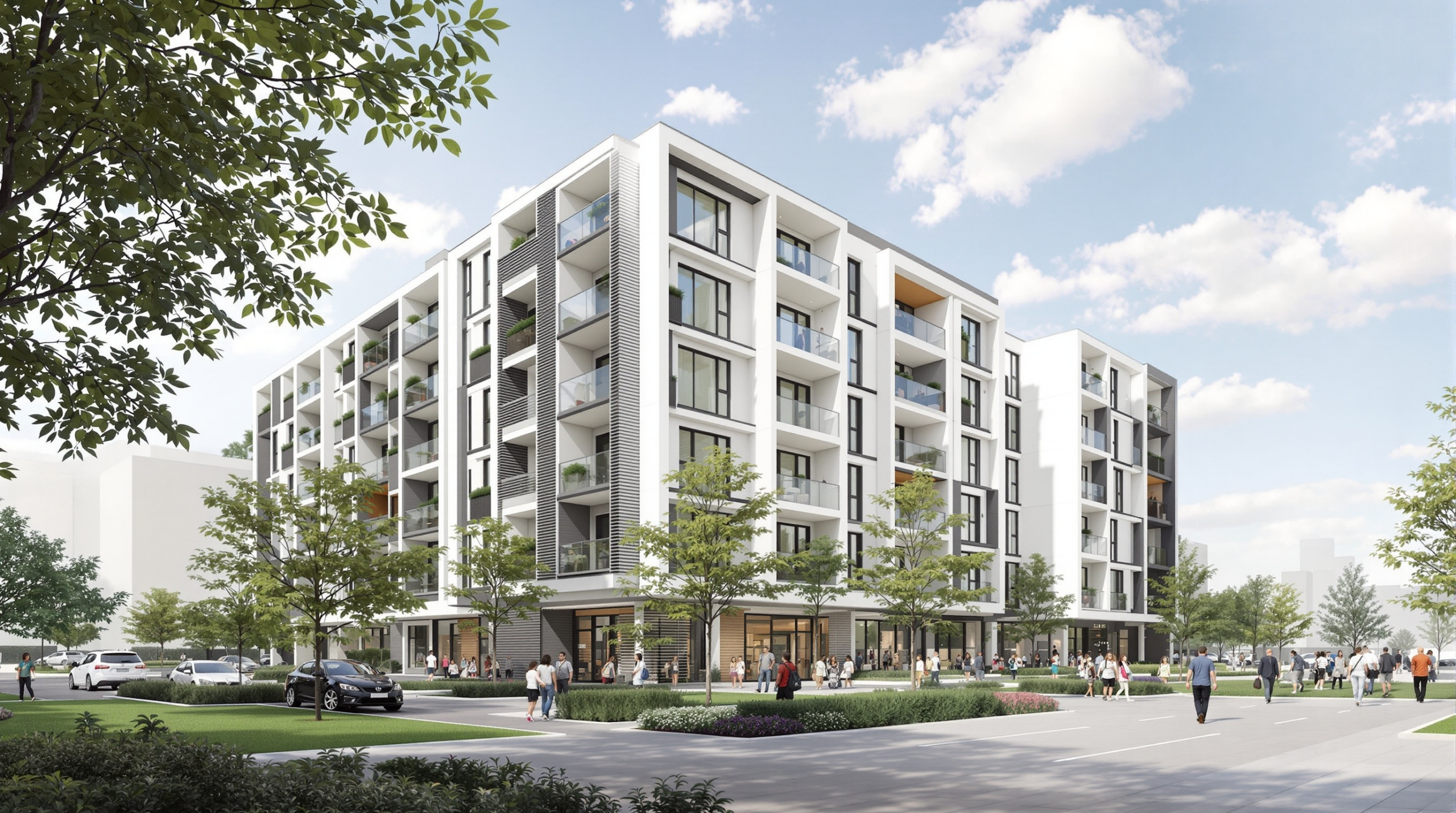 un groupe de personnes marchant autour d'un grand bâtiment blanc