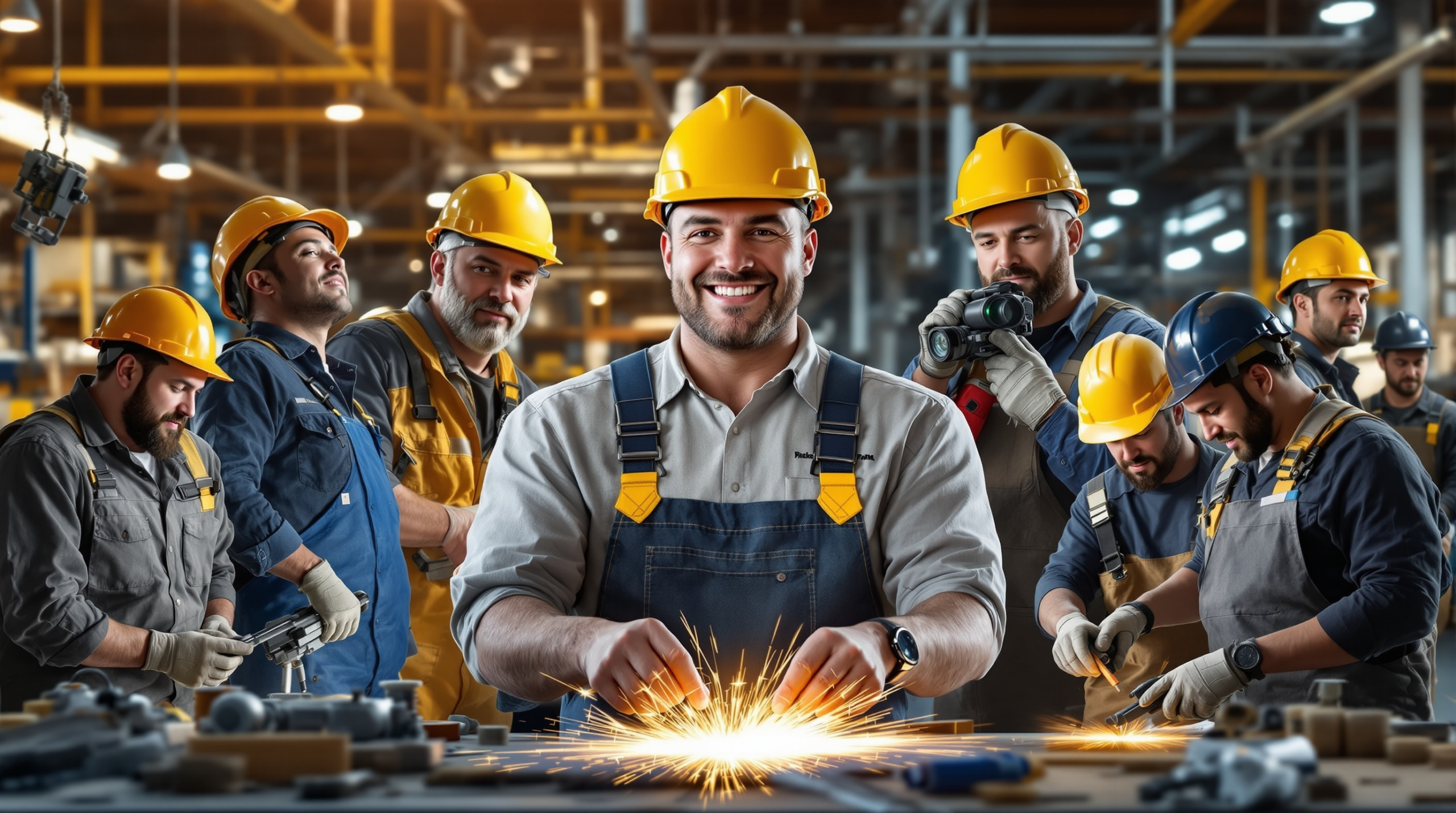 un groupe d'hommes portant des casques de chantier travaillant sur une pièce métallique