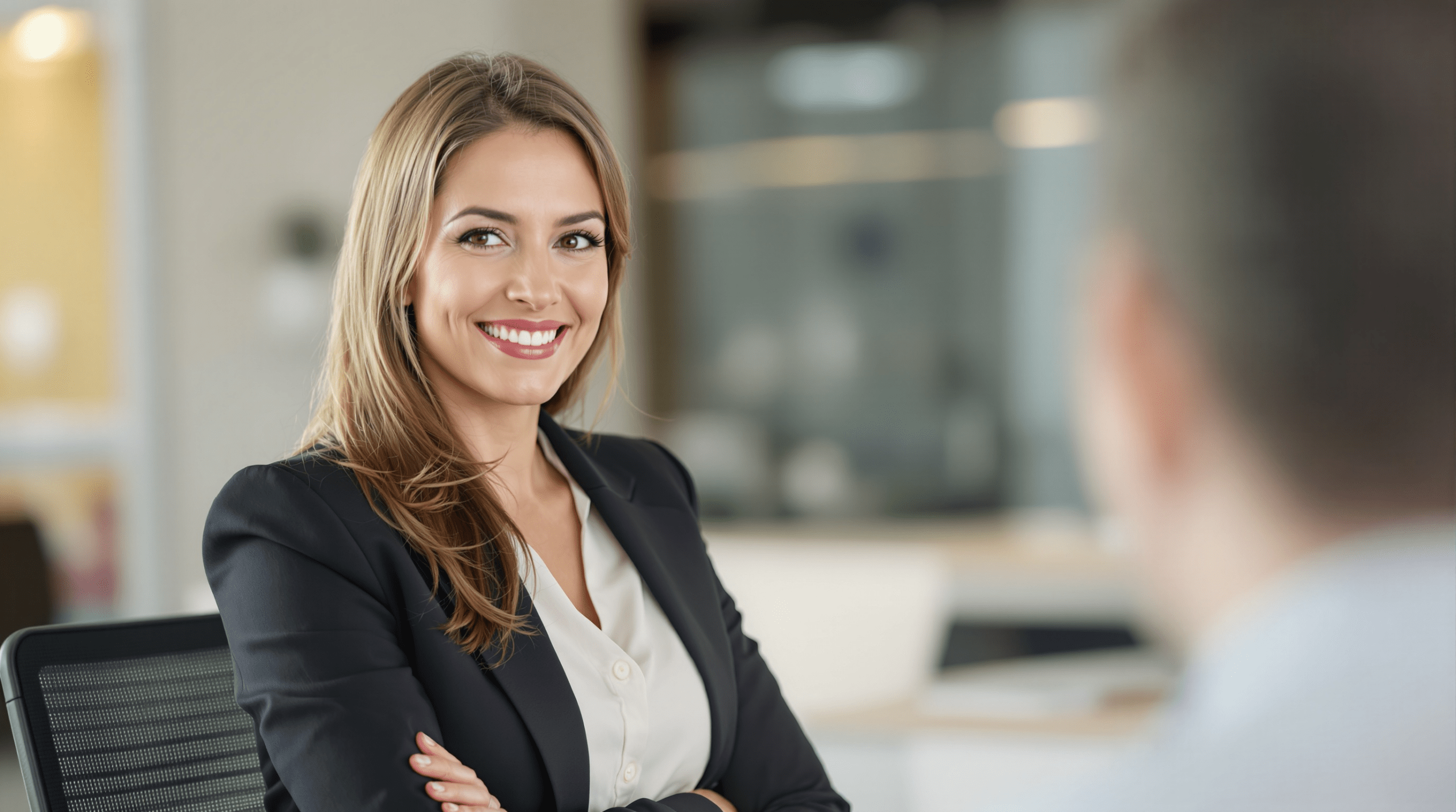 une femme assise à un bureau, les bras croisés