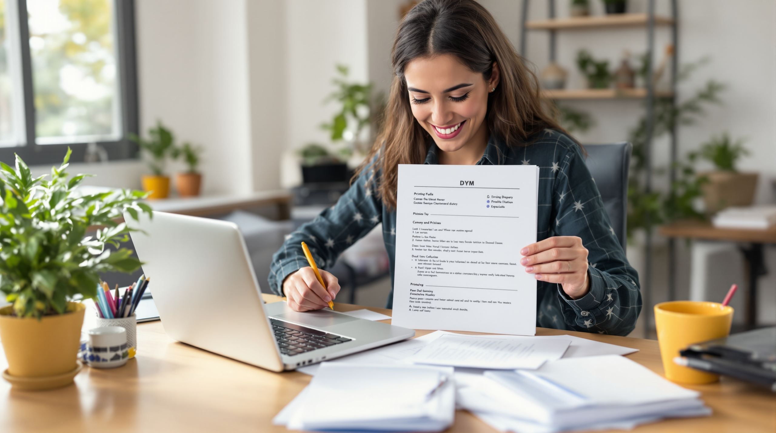 une femme assise à un bureau avec un ordinateur portable et un document